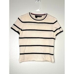 360Cashmere Womens 100% Cashmere Striped Short Sleeve Sweater Cream Black XS